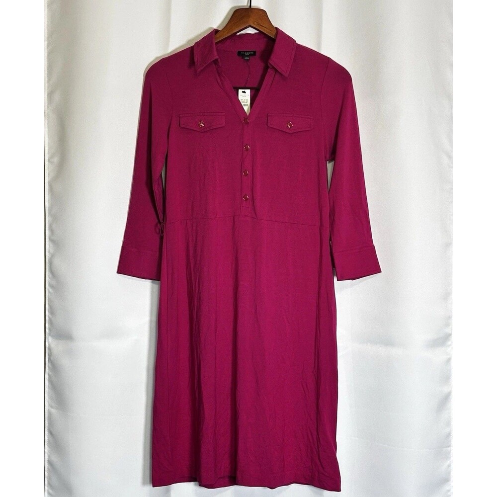 NEW! Talbots PS Hot Pink Knit Shirt Dress Long-sleeved Collared With Belt Midi